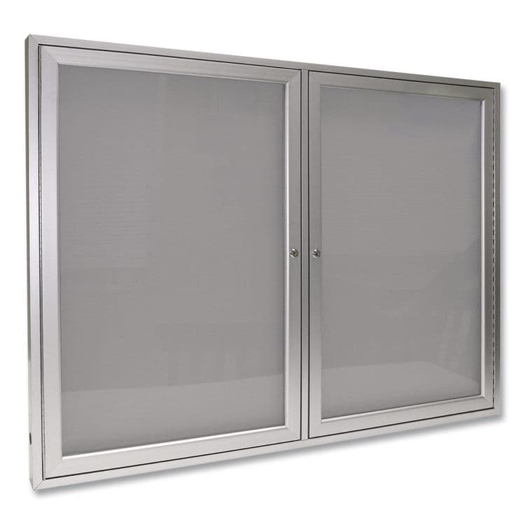 GHENT MANUFACTURING, 2 Door Enclosed Vinyl Bulletin Board with Satin Frame, 48" x 36", Silver Surface, Satin Aluminum Frame (GHEPA23648VX193)
