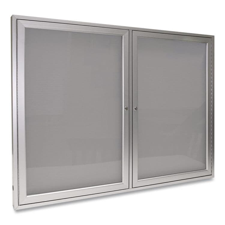 GHENT MANUFACTURING, 2 Door Enclosed Vinyl Bulletin Board with Satin Frame, 60" x 36", Silver Surface, Satin Aluminum Frame (GHEPA23660VX193)