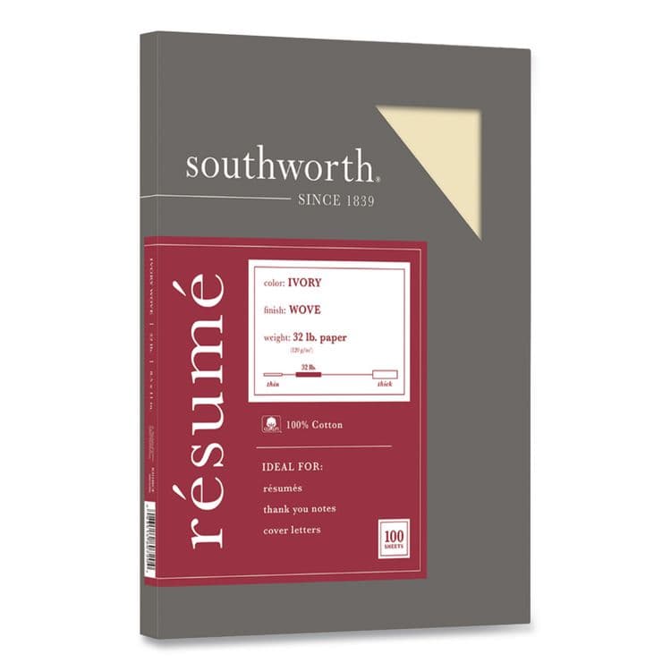 SOUTHWORTH CO. 100% Cotton Resume Paper, 32 lb Bond Weight, 8.5 x 11, Ivory, 100/Pack (SOURD18ICF)