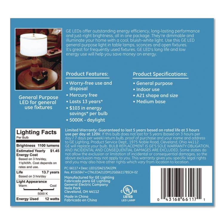 GENERAL ELECTRIC CO. LED Dimmable A21 Light Bulb, 12 W, Daylight, 2/Pack (GEL66117) thumbnail 3