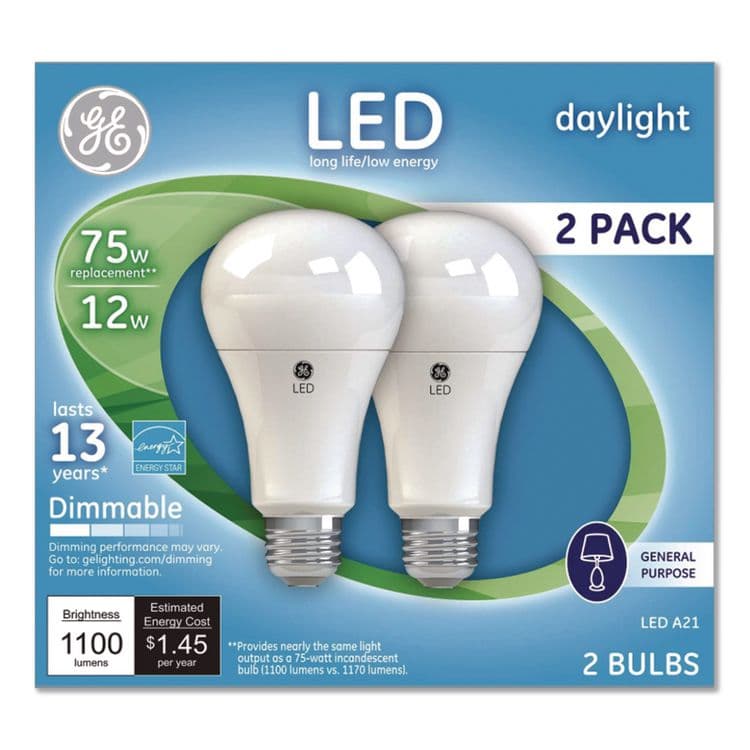 GENERAL ELECTRIC CO. LED Dimmable A21 Light Bulb, 12 W, Daylight, 2/Pack (GEL66117)