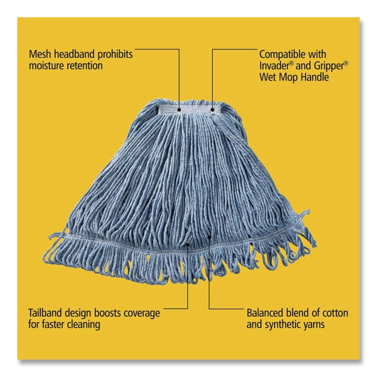 RUBBERMAID COMMERCIAL PROD. Super Stitch Blend Mop Head, Cotton/Synthetic, Large, 1" Red Headband, Blue, 6/Carton (RCPD213BLU) thumbnail 3