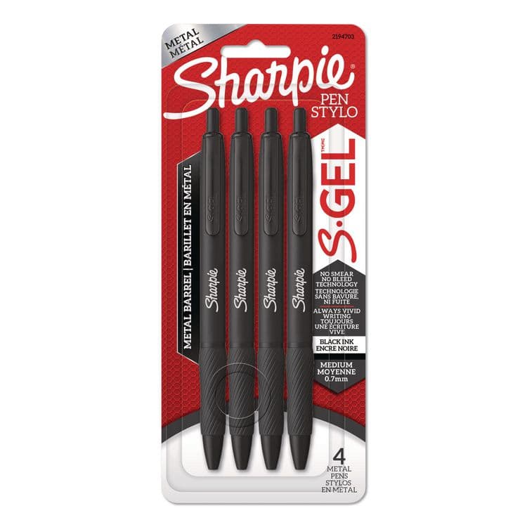 SANFORD S-Gel Premium Metal Barrel Gel Pen, Retractable, Medium 0.7 mm, Black Ink, Black Barrel, 4/Pack (SAN2194703)