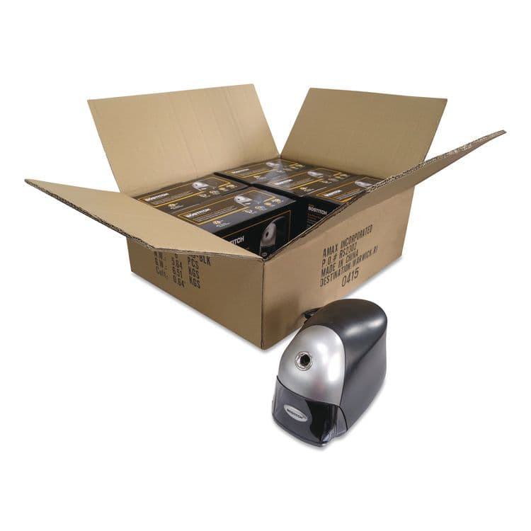 STANLEY BOSTITCH QuietSharp Executive Electric Pencil Sharpener, AC-Powered, 4 x 7.5 x 5.13, Black/Silver, 6/Carton (ACIEPS8HDBLKCT)