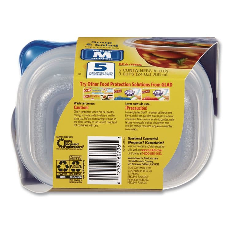 CLOROX SALES CO. Soup and Salad Containers, Medium Rectangle, 24 oz, 6.49 x 4.86 x 2.98, Clear/Bue, Plastic, 5/Pack (CLO60796PK) thumbnail 3
