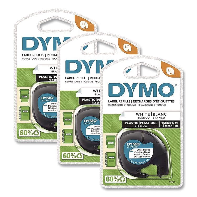 DYMO LetraTag Plastic Labels, 0.5" x 13 ft, White, 3 Cassettes/Pack (DYM2156092)