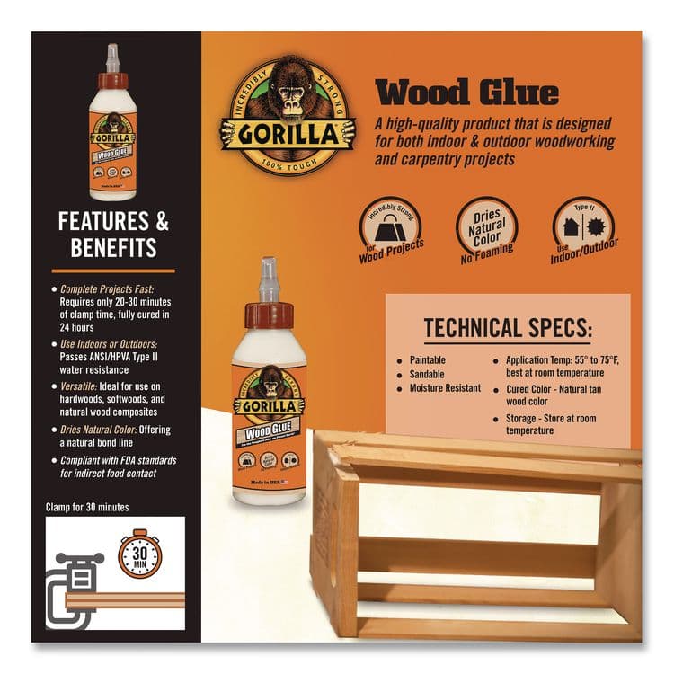 GORILLA GLUE COMPANY Wood Glue, 8 oz, Dries Light Tan (GOR6200001) thumbnail 2