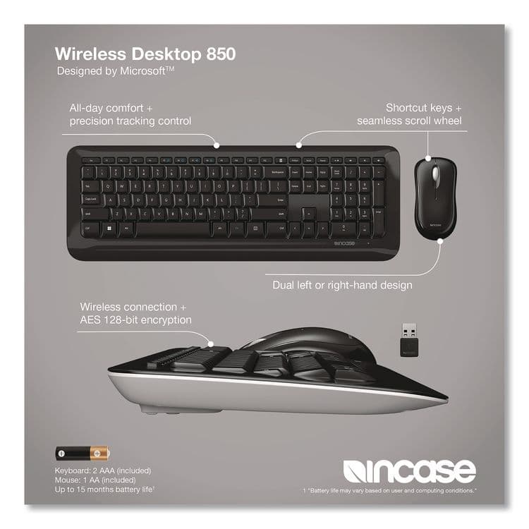 INCASE Wireless Desktop 850 Keyboard and Optical Mouse Combo, 2.4 GHz Frequency/15 ft Wireless Range, Black (ICAPY900001) thumbnail 2