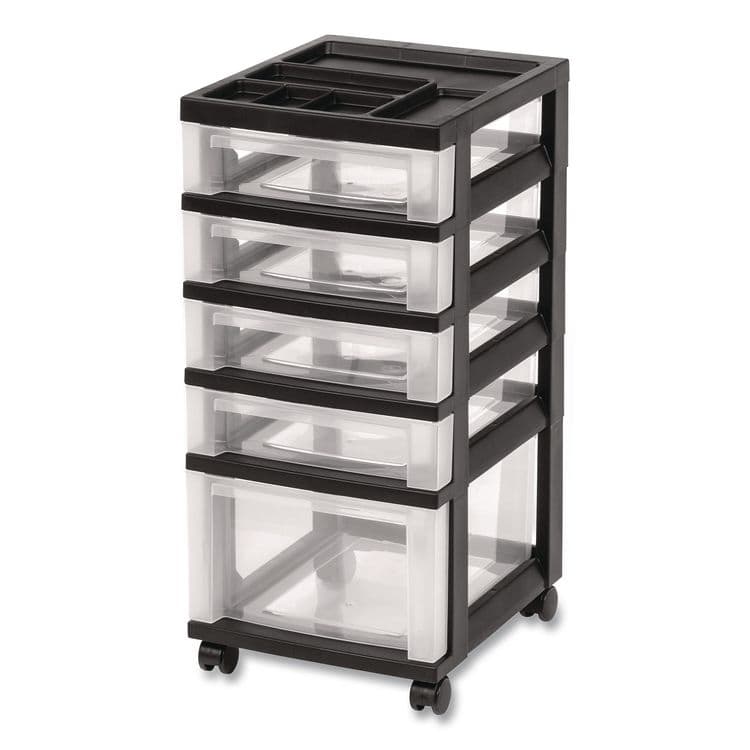 IRIS USA, Five-Drawer Rolling Cart with Organizer Top, Plastic, 12.13 x 14.38 x 26.38, Clear/Black (IRS270015116865)