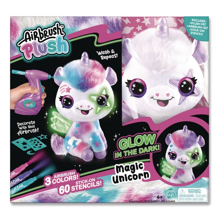 CANAL TOYS Airbrush Plush Glow-in-the-Dark Unicorn with Airbrush Tool, (3) Washable Ink Tubes and (60) Stick-On Stencils, Ages 6 and Up (LTP2283308)