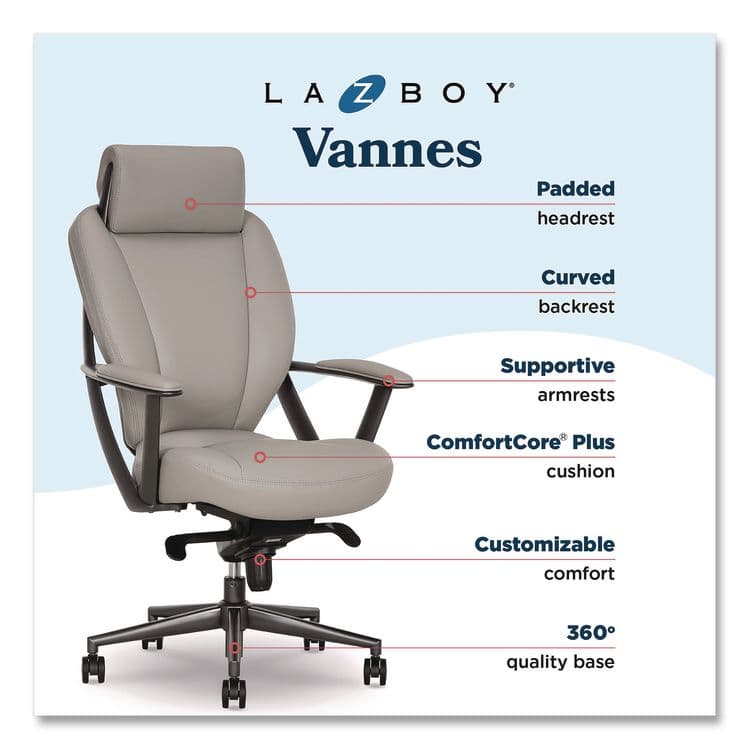 LA-Z-BOY CHAIR COMPANY Vannes Ergonomic Executive Chair, Supports Up to 275 lb, 20.5" to 23.5" Seat Height, Light Gray Seat and Back, Dark Gray Base (LZB60101GRY) thumbnail 3