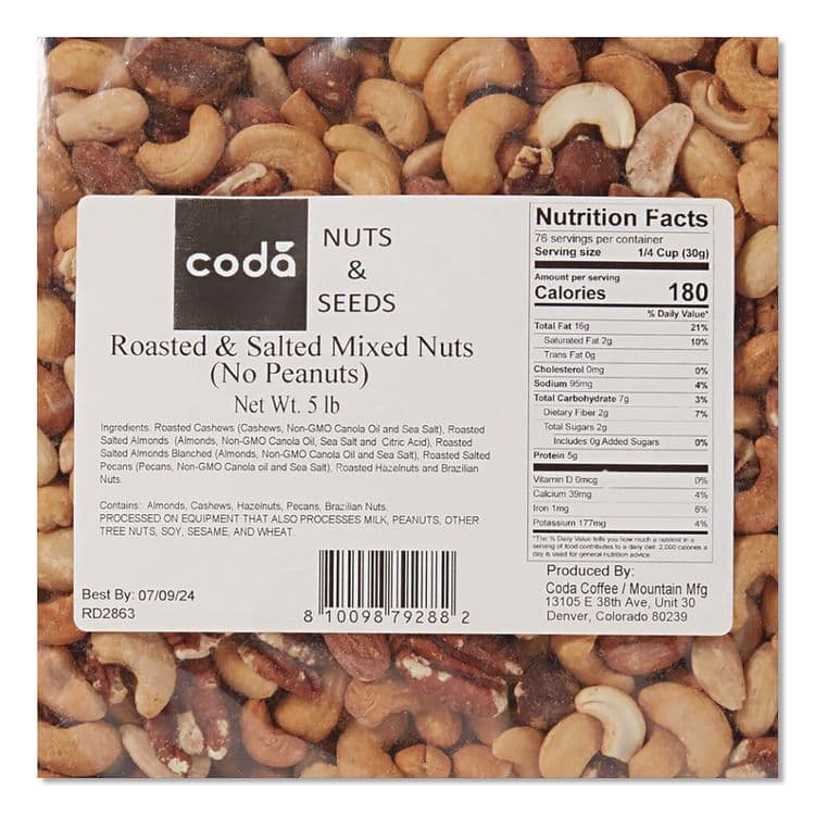 PERFORMANCE FOOD GROUP Coda Roasted and Salted Mixed Nuts, 5 lb Bag, 4/Carton (MMGCDA92926) thumbnail 3