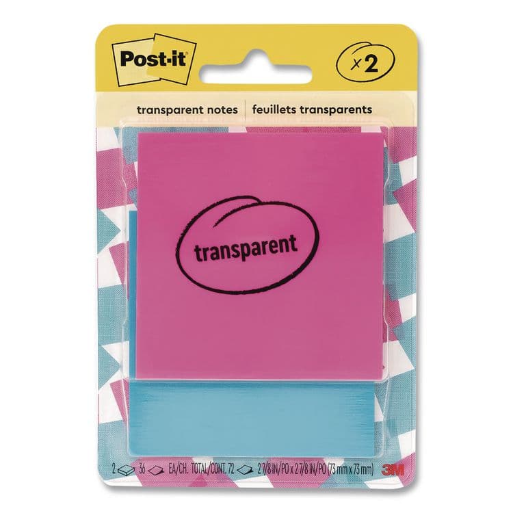 3M/COMMERCIAL TAPE DIV. Transparent Notes, 2.88" x 2.88", Assorted Colors, 36 Sheets/Pad, 2 Pads/Pack (MMM6002COL)