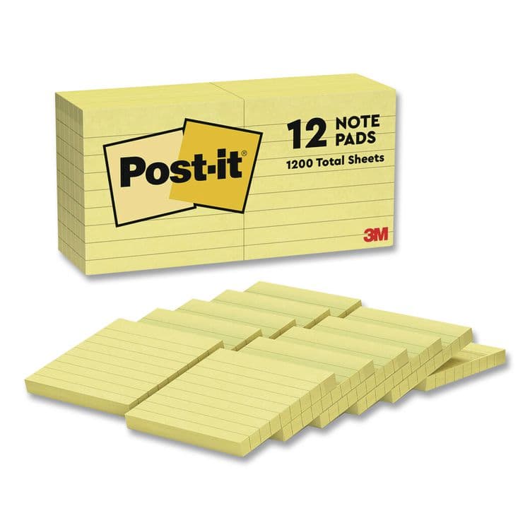 3M/COMMERCIAL TAPE DIV. Original Pads in Canary Yellow, Note Ruled, 3" x 3", 100 Sheets/Pad, 12 Pads/Pack (MMM63012PK)