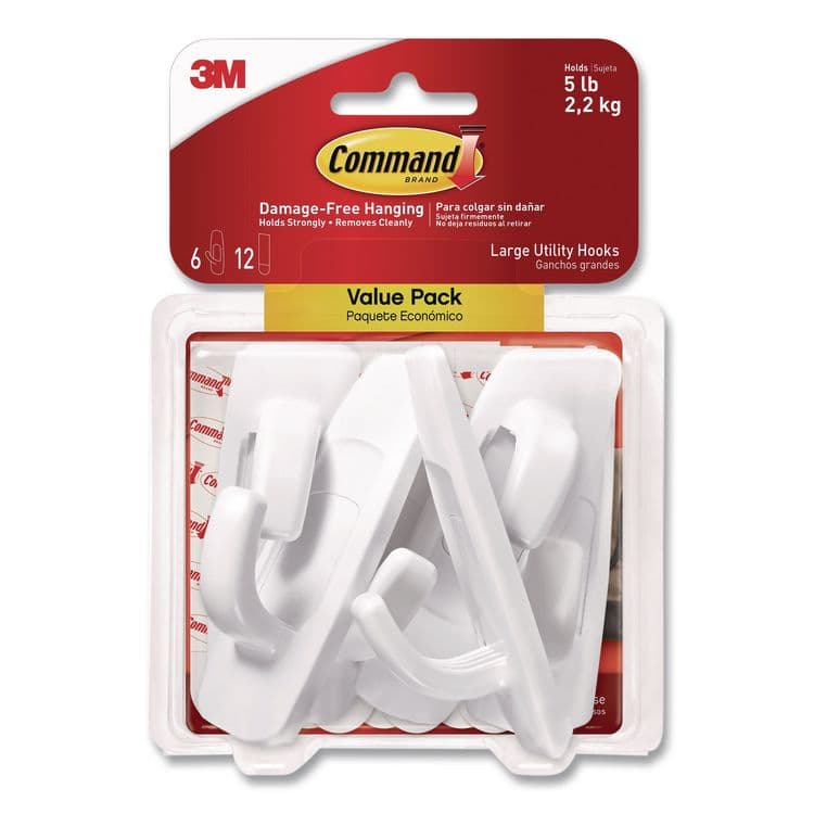 3M/COMMERCIAL TAPE DIV. Large Utility Hooks, Plastic, White, Supports 5 lb, 6/Pack (MMM170036ES)