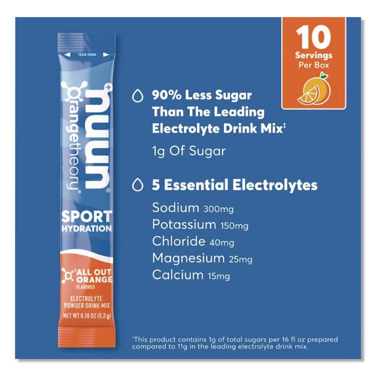 NUUN Sport Hydration Electrolyte Powder Drink Mix, All Out Orange, 0.18 oz Stick, 10/Box (NUU02403) thumbnail 2