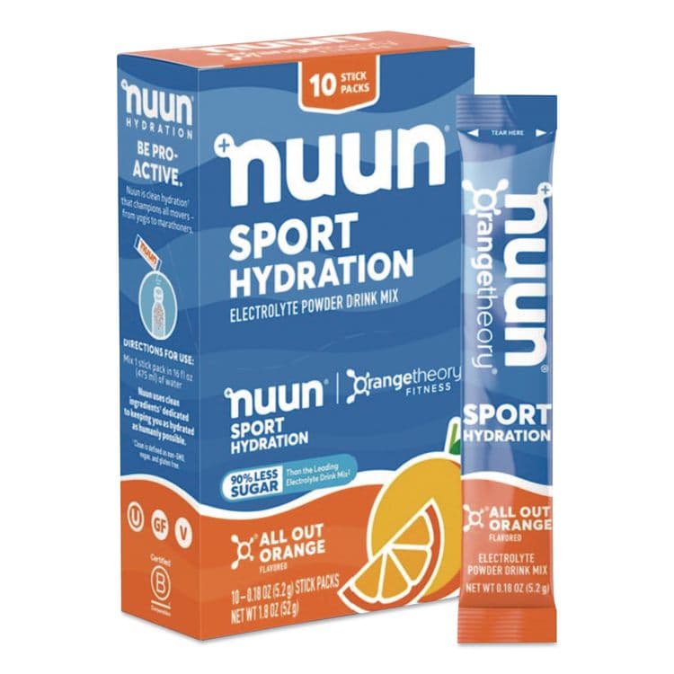 NUUN Sport Hydration Electrolyte Powder Drink Mix, All Out Orange, 0.18 oz Stick, 10/Box (NUU02403)