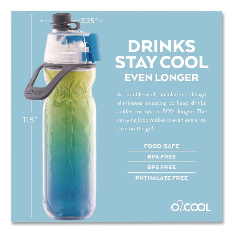 O2COOL, LLC Elite Mist 'N Sip Plastic Double-Wall Insulated Water Bottle, 20 oz, Ombre Blue (OCLHMLDP07OMB) thumbnail 3