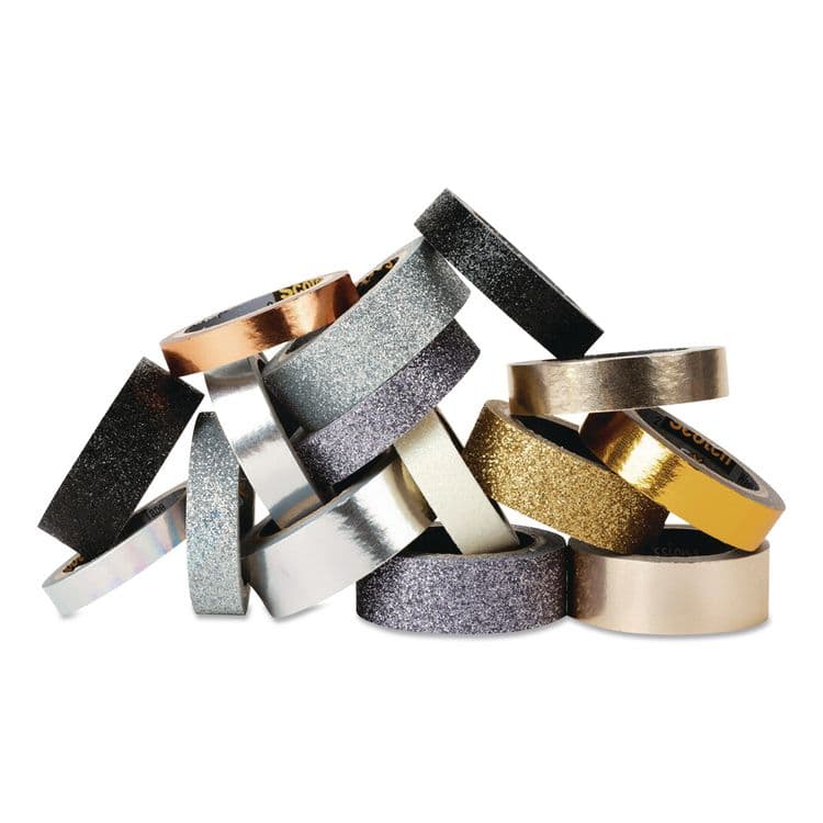 3M/COMMERCIAL TAPE DIV. Washi Glitter Metallic Tape, Black/Gold/Silver, Assorted Sizes/Colors/Finishes, 15 Rolls/Pack (MMMC101715P6) thumbnail 2