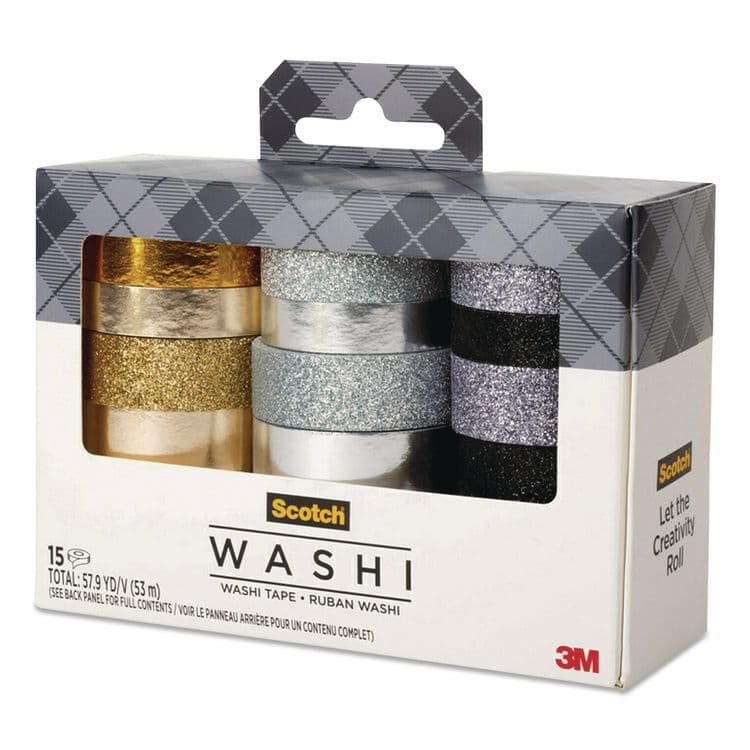 3M/COMMERCIAL TAPE DIV. Washi Glitter Metallic Tape, Black/Gold/Silver, Assorted Sizes/Colors/Finishes, 15 Rolls/Pack (MMMC101715P6) thumbnail 4