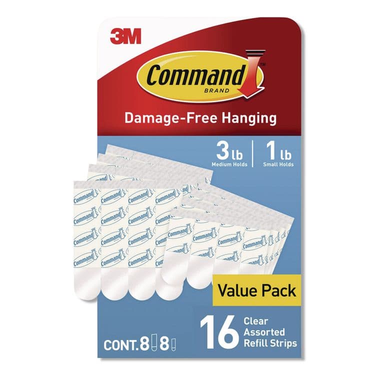 3M/COMMERCIAL TAPE DIV. Damage-Free Hanging Clear Refill Strips, Value Pack Assortment: (8) Medium(0.73" x 2.75"), (8) Small (0.62" x 2.12"), 16/Pack (MMM17200CLR16ES)