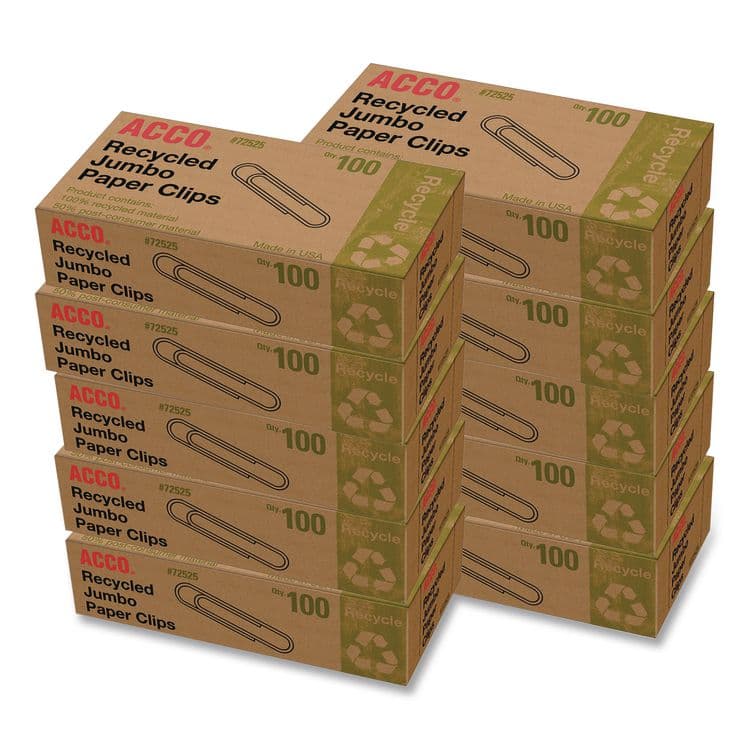 ACCO BRANDS, . Recycled Paper Clips, Jumbo, Smooth, Silver, 100 Clips/Box, 10 Boxes/Pack (ACC72525)