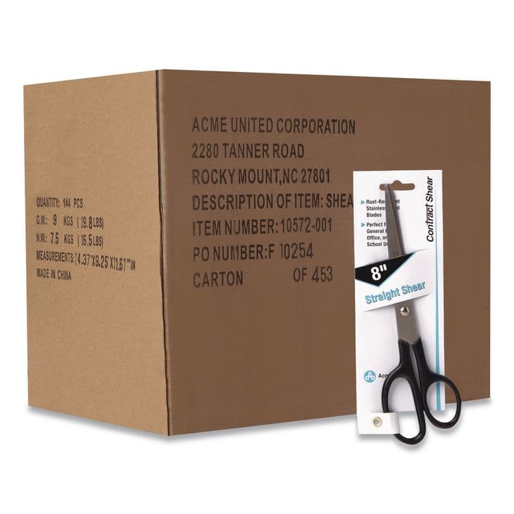 ACME UNITED CORPORATION Straight Contract Scissors, 8" Long, 3" Cut Length, Straight Black Handle, 144/Carton (ACM10572CT)