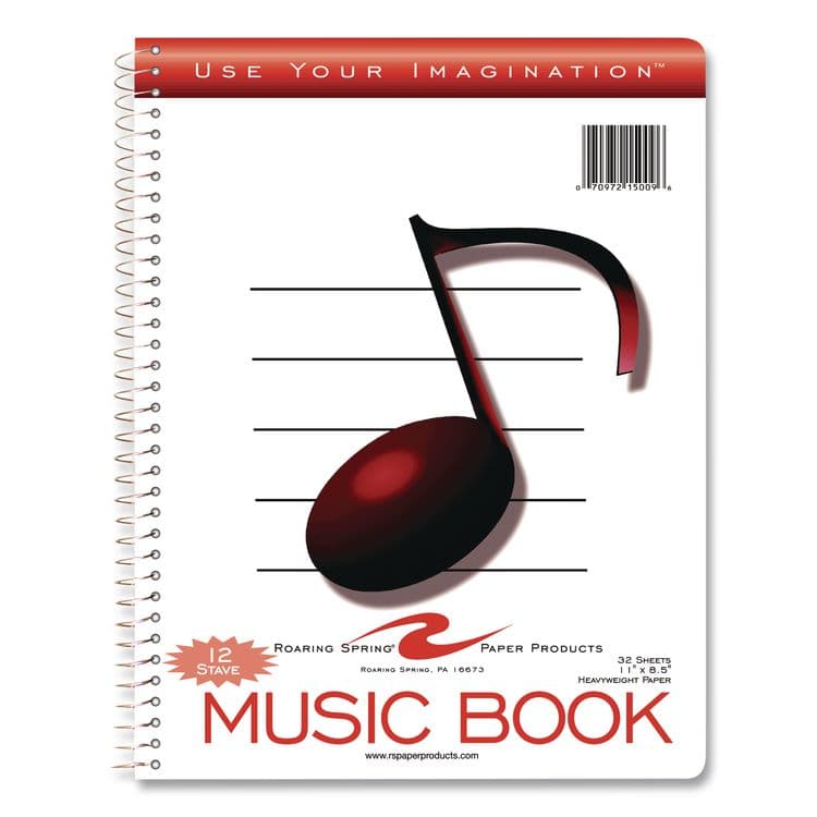 ROARING SPRING PAPER PRODUCTS Music Notebook, Music Transcription Format: 12 Staves, White Cover, (32) 11 x 8.5 Sheets (ROA15009)