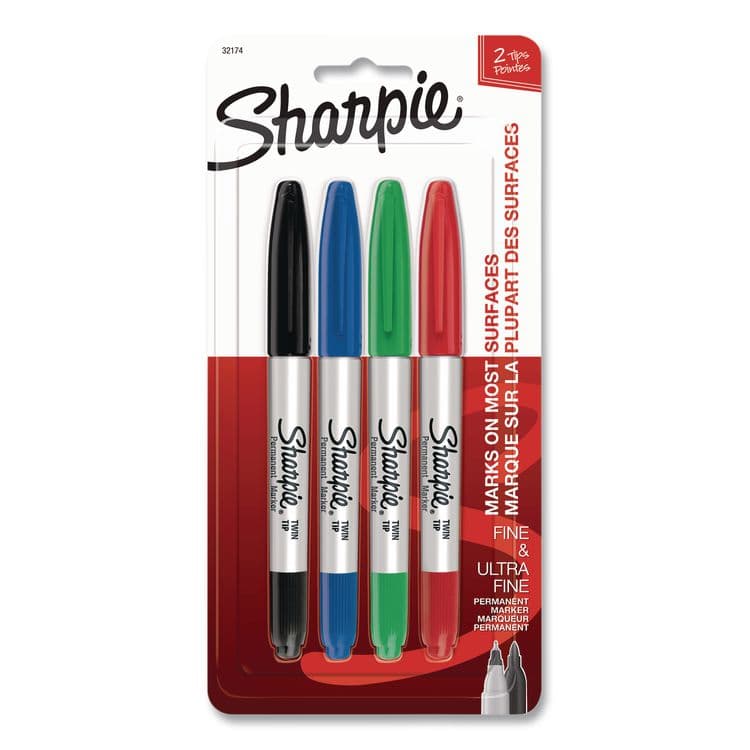 SANFORD Twin-Tip Permanent Marker, Extra-Fine/Fine Tip, Assorted Colors, 4/Pack (SAN32174)