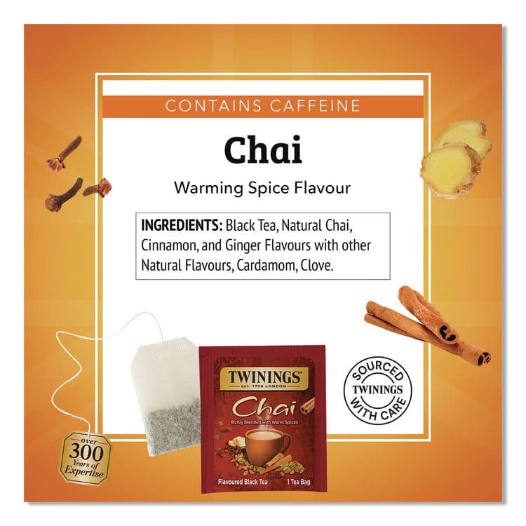 TWININGS NORTH AMERICA Tea Bags, Chai Black Tea, 0.07 oz Tea Bag, 50/Box (TWGTNA55503) thumbnail 4