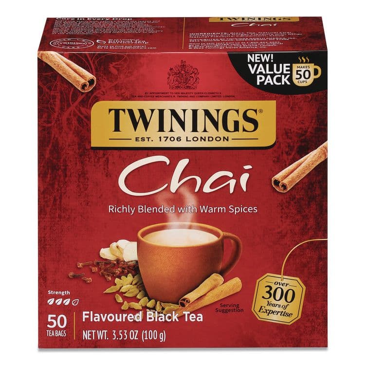 TWININGS NORTH AMERICA Tea Bags, Chai Black Tea, 0.07 oz Tea Bag, 50/Box (TWGTNA55503)