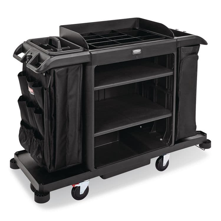 RUBBERMAID COMMERCIAL PROD. Full Size Housekeeping Cart with Accessory Bundle, Resin, 3 Shelves, 2 Bins, 24.4 x 62.4 x 49, Black (RCP2202527)