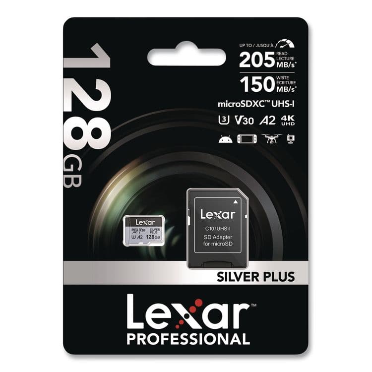 LEXAR MEDIA . Professional SILVER Series microSDXC Memory Card with Adapter, UHS-I, V30 Class 10, 128 GB (LXRLMSSIPL128GB)