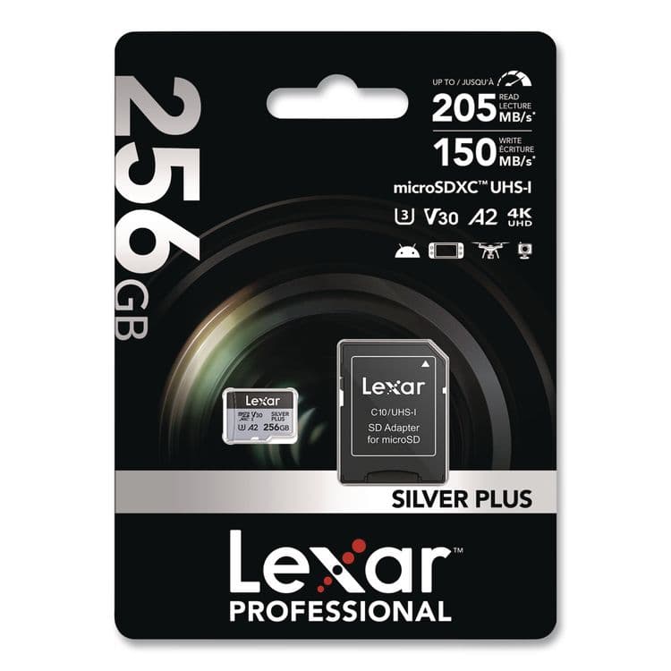 LEXAR MEDIA . Professional SILVER Series microSDXC Memory Card with Adapter, UHS-I, V30 Class 10, 256 GB (LXRLMSSIPL256GB)