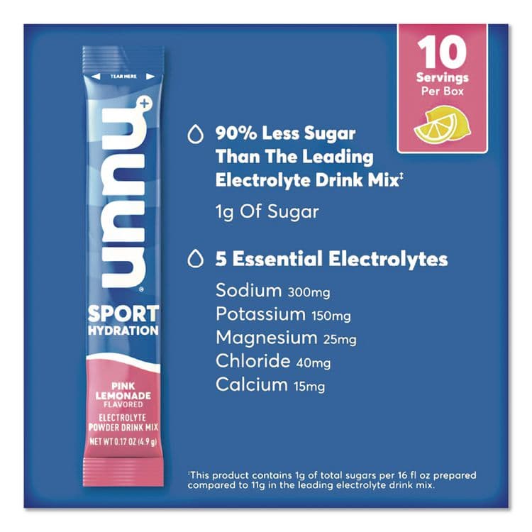 NUUN Sport Hydration Electrolyte Powder Drink Mix, Pink Lemonade, 0.17 oz Stick, 10/Box (NUU02392) thumbnail 2