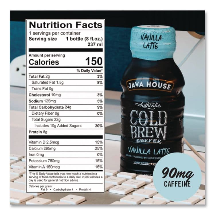 JAVA HOUSE Cold Brew Coffee, Vanilla Latte, 8 oz Bottle, 24/Carton (JVHHFP01785) thumbnail 4