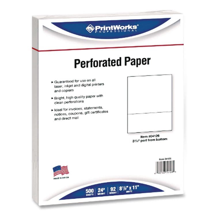 PARIS CORPORATION Perforated Paper, 92 Bright, Perforated 3.67 from Bottom, 24 lb Bond Weight, 8.5 x 11, White, 500 Sheets/Ream, 5 Reams/Carton (PWK04126)