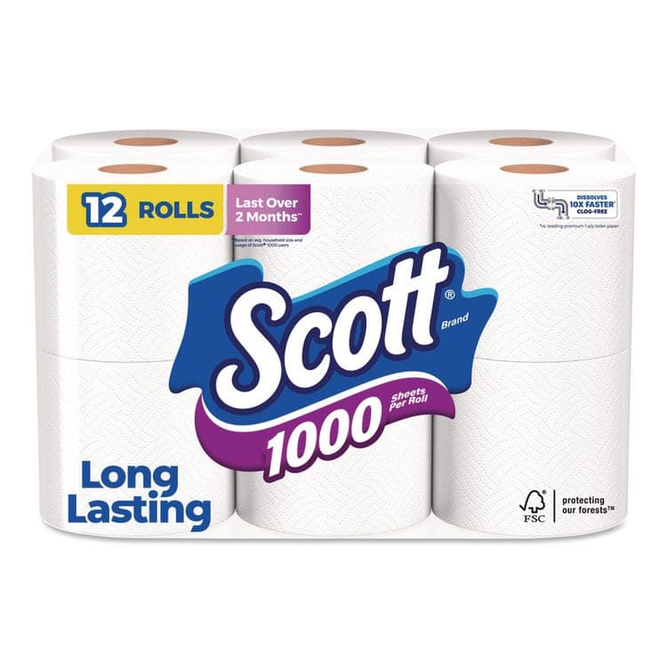 KIMBERLY CLARK 1000 Bathroom Tissue, Septic Safe, 1-Ply, White, 1,000 Sheets/Roll, 12 Rolls/Pack, 4 Packs/Carton (KCM10060)