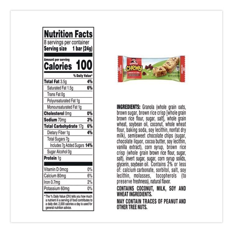 QUAKER OATS COMPANY Granola Bars, Chewy Chocolate Chip, 0.84 oz Individually Wrapped, 8/Box (QKRQUA31182) thumbnail 2