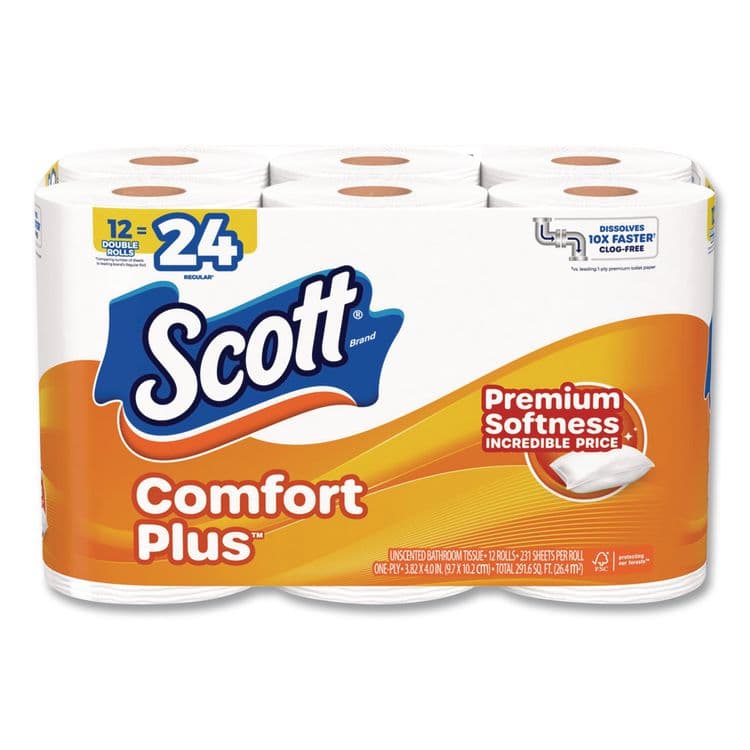 KIMBERLY CLARK ComfortPlus Toilet Paper, Double Roll, Bath Tissue, Septic Safe, 1-Ply, White, 231 Sheets/Roll, 12 Rolls/Pack, 4 Packs/Carton (KCM47618)