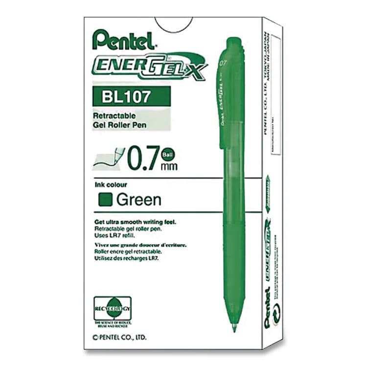 PENTEL OF AMERICA EnerGel-X Gel Pen, Retractable, Medium 0.7 mm, Green Ink, Translucent Green/Green Barrel, Dozen (PENBL107DDZ)