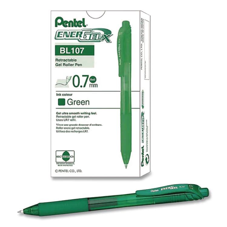 PENTEL OF AMERICA EnerGel-X Gel Pen, Retractable, Medium 0.7 mm, Green Ink, Translucent Green/Green Barrel, Dozen (PENBL107DDZ) thumbnail 4
