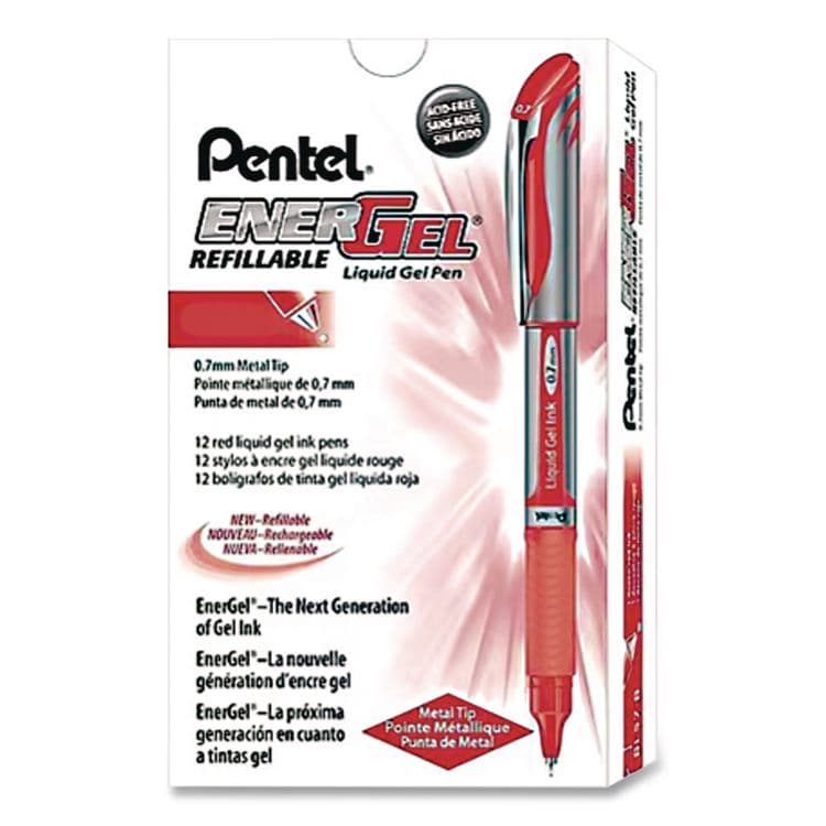 PENTEL OF AMERICA EnerGel Deluxe Gel Pen, Stick, Medium 0.7 mm, Red Ink, Silver/Red Barrel, Dozen (PENBL57BDZ)