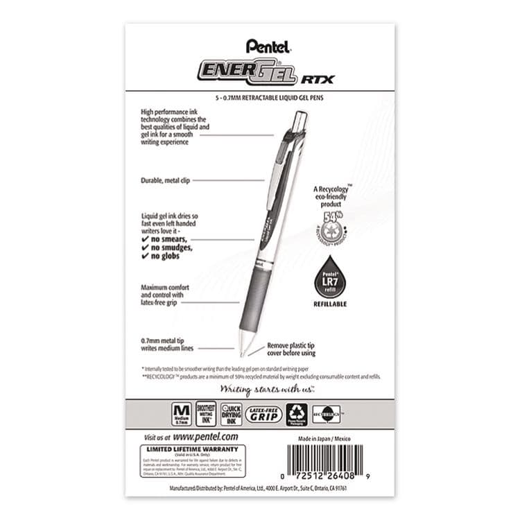 PENTEL OF AMERICA EnerGel RTX Gel Pen, Retractable, Medium 0.7 mm, Black Ink, Gray/Black Barrel, 5/Pack (PENBL77BP5A) thumbnail 4