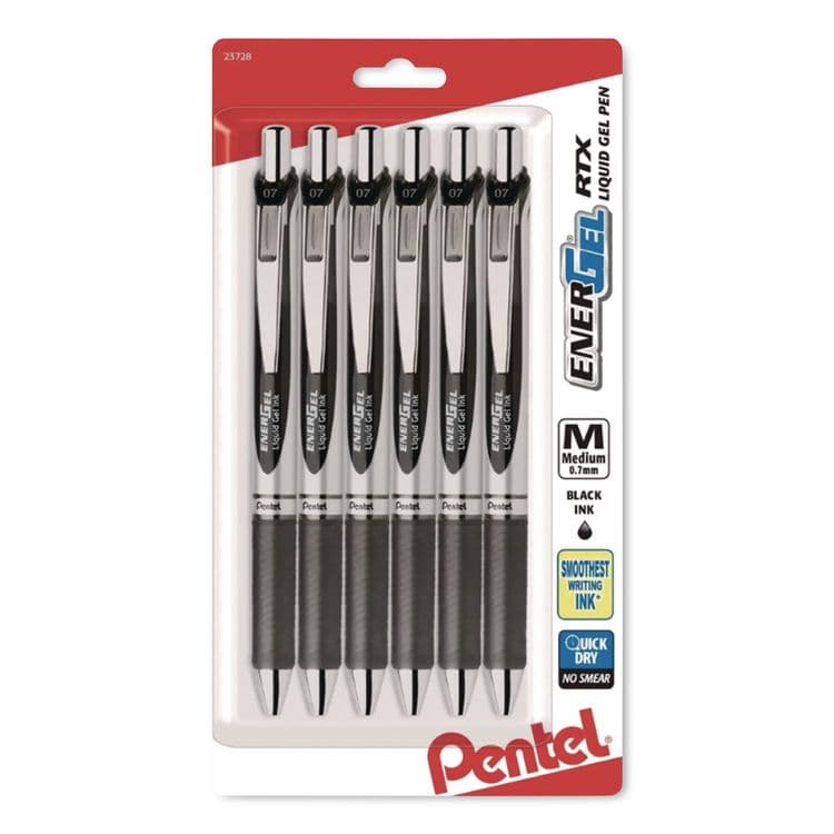 PENTEL OF AMERICA EnerGel RTX Gel Pen, Retractable, Medium 0.7 mm, Black Ink, Black/Gray Barrel, 6/Pack (PENBL77BP6A)