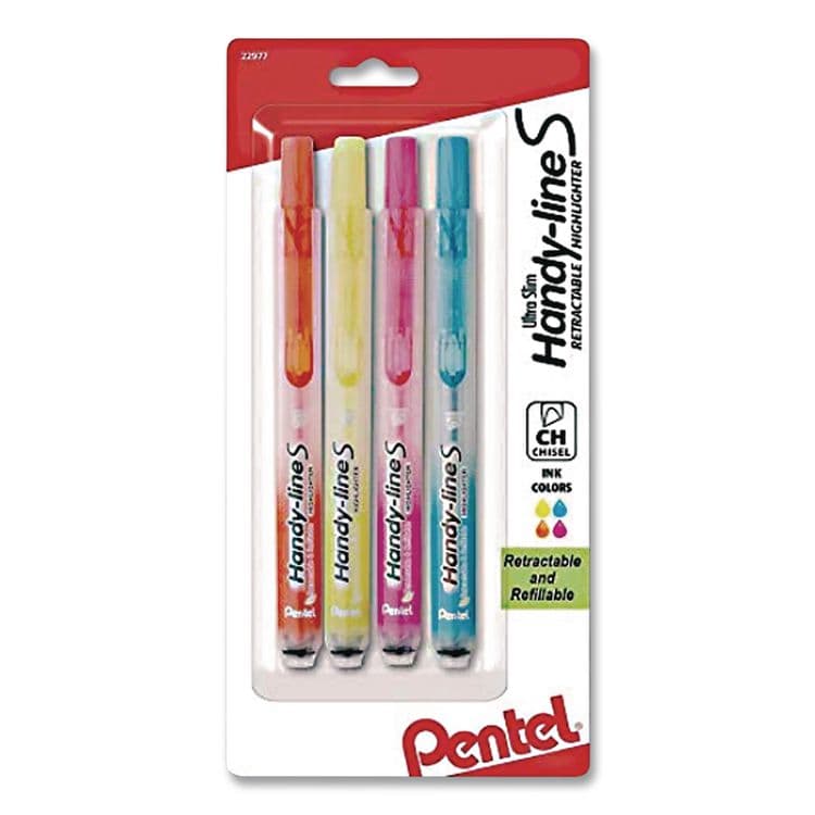 PENTEL OF AMERICA Ultra-Slim Handy-line S Retractable/Refillable Highlighters, Assorted Ink Colors, Chisel Tip, Assorted Barrel Colors, 4/PK (PENSXS15BPS4M) thumbnail 2