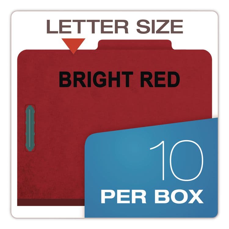 TOPS BUSINESS FORMS Pressboard Top Tab Classification Folders, 2/5-Cut Tab, Expands 2.5", 2 Dividers, 6 Fasteners, Legal Size, Bright Red, 10/Box (PFX29082P) thumbnail 2