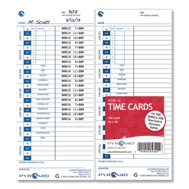 PYRAMID TECHNOLOGIES, . Time Clock Cards for Pyramid Technologies 3000, One Side, 4 x 9, 100/Pack (PTI3510010) thumbnail 4