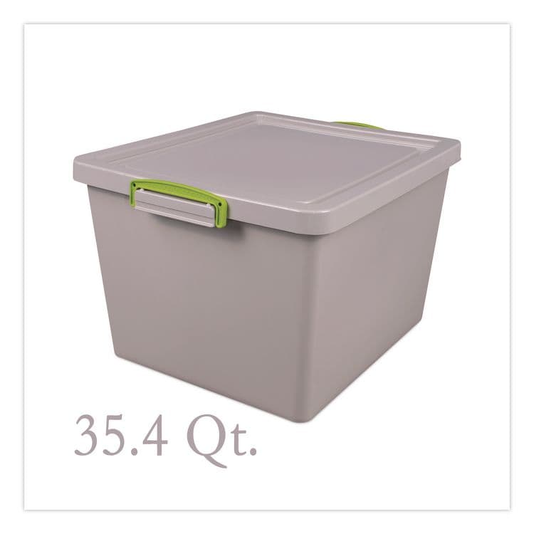 REALLY USEFUL BOXES . 35.4 Qt. Latch Lid Storage Tote, 14.76" x 12.6" x 10.43", Dove Gray/Green (RUA335RECYGREY) thumbnail 4