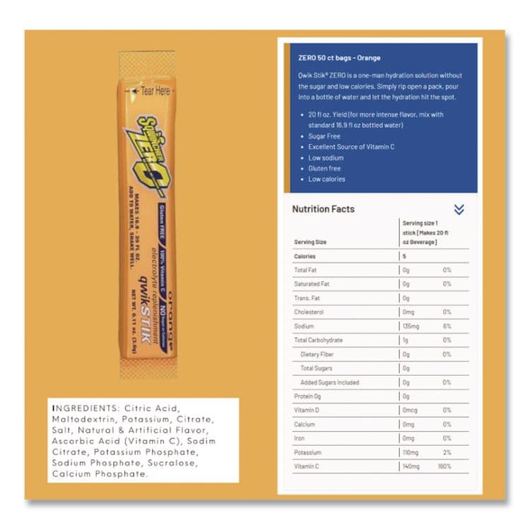 SQWINCHER CORP Sugar-Free Qwik Stik Energy Drink Mix, Orange, 1.26 oz Packet, 50/Pack (SQW060100OR) thumbnail 2
